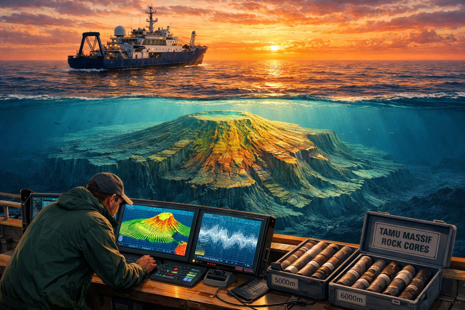 Homem a estudar dados geológicos no mar com navio e montanha submersa ao pôr do sol.