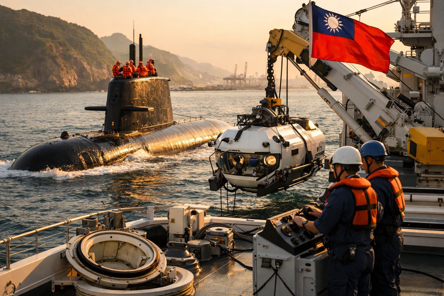Submarino naval em águas costeiras, com mergulhador robótico a ser içado e tripulação com coletes salva-vidas.