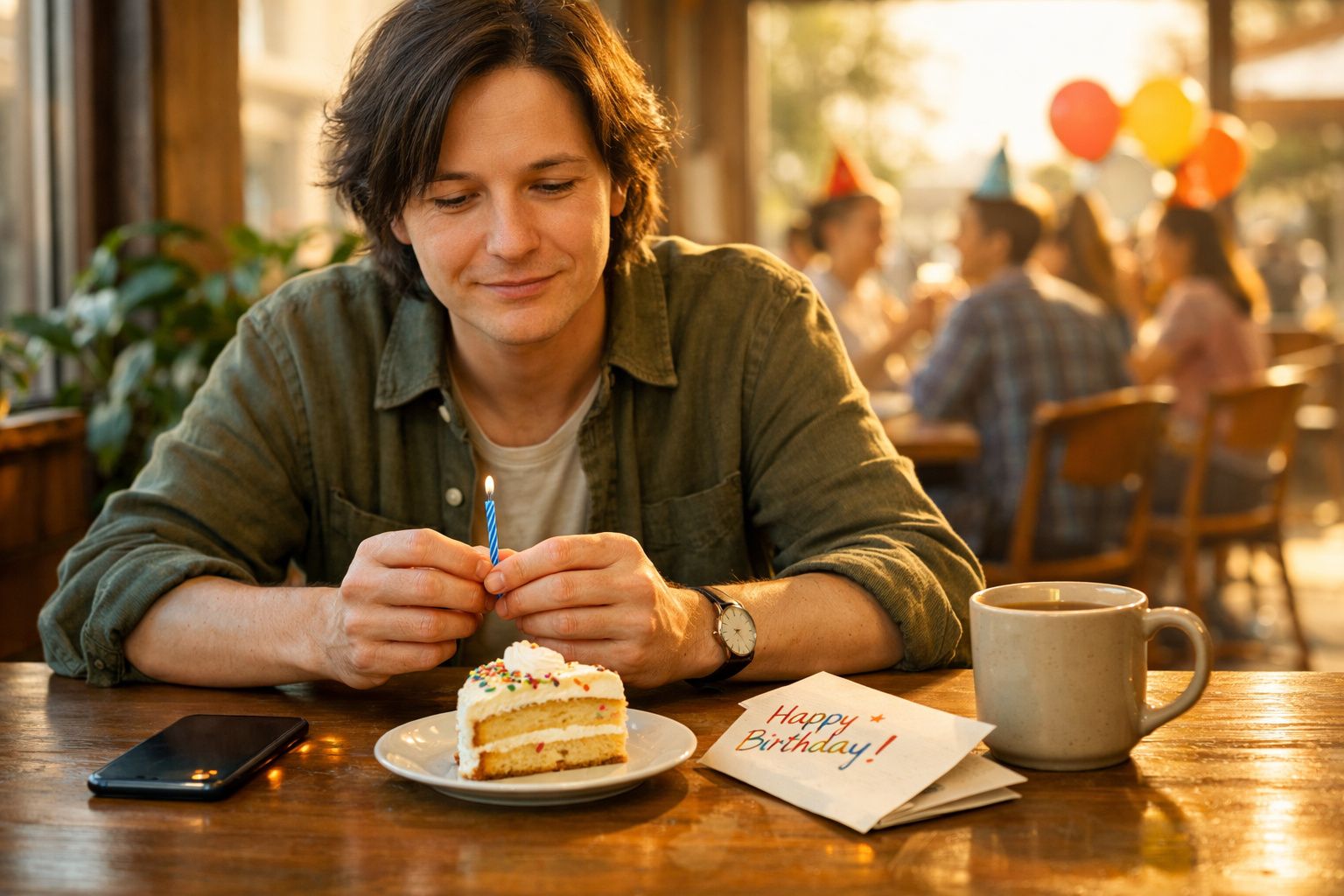 Homem sorridente a fazer um desejo com vela de aniversário num café, com fatia de bolo e cartão de parabéns na mesa.