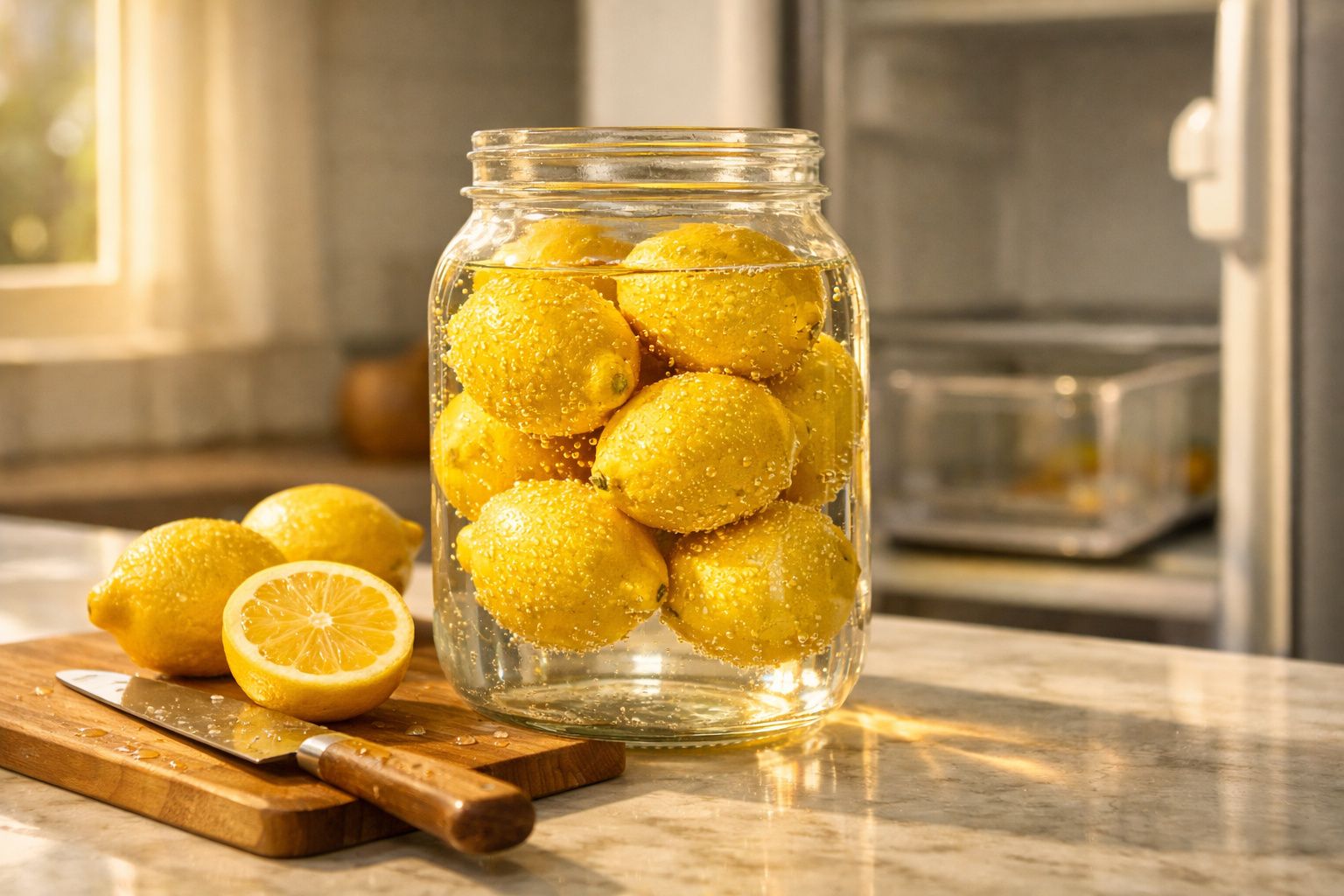 Pote de vidro cheio de limões com gotas de água numa bancada, ao lado de tábuas de madeira e limão cortado.