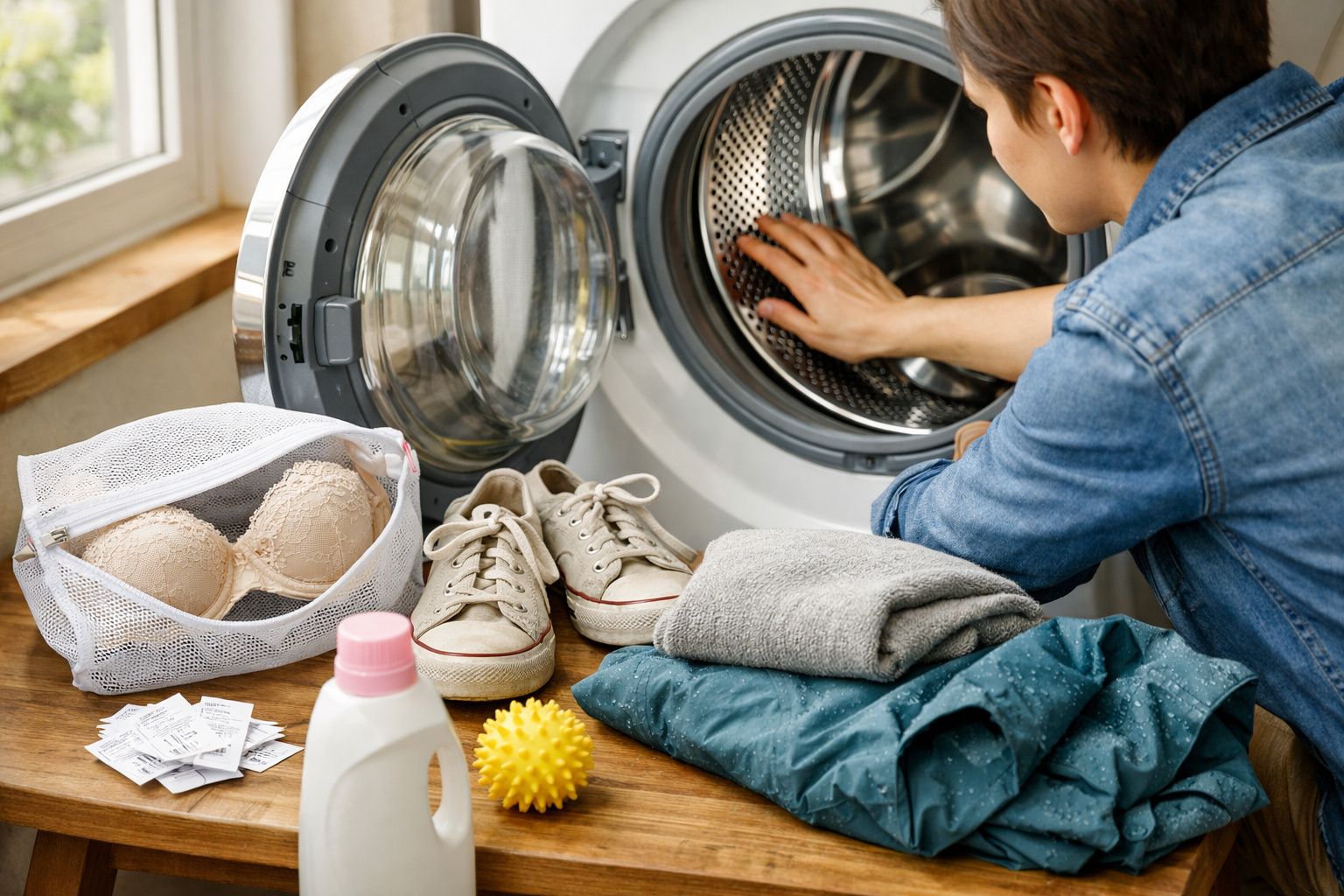 Pessoa a colocar roupa na máquina de lavar com produtos e roupa sobre a mesa ao lado da janela.