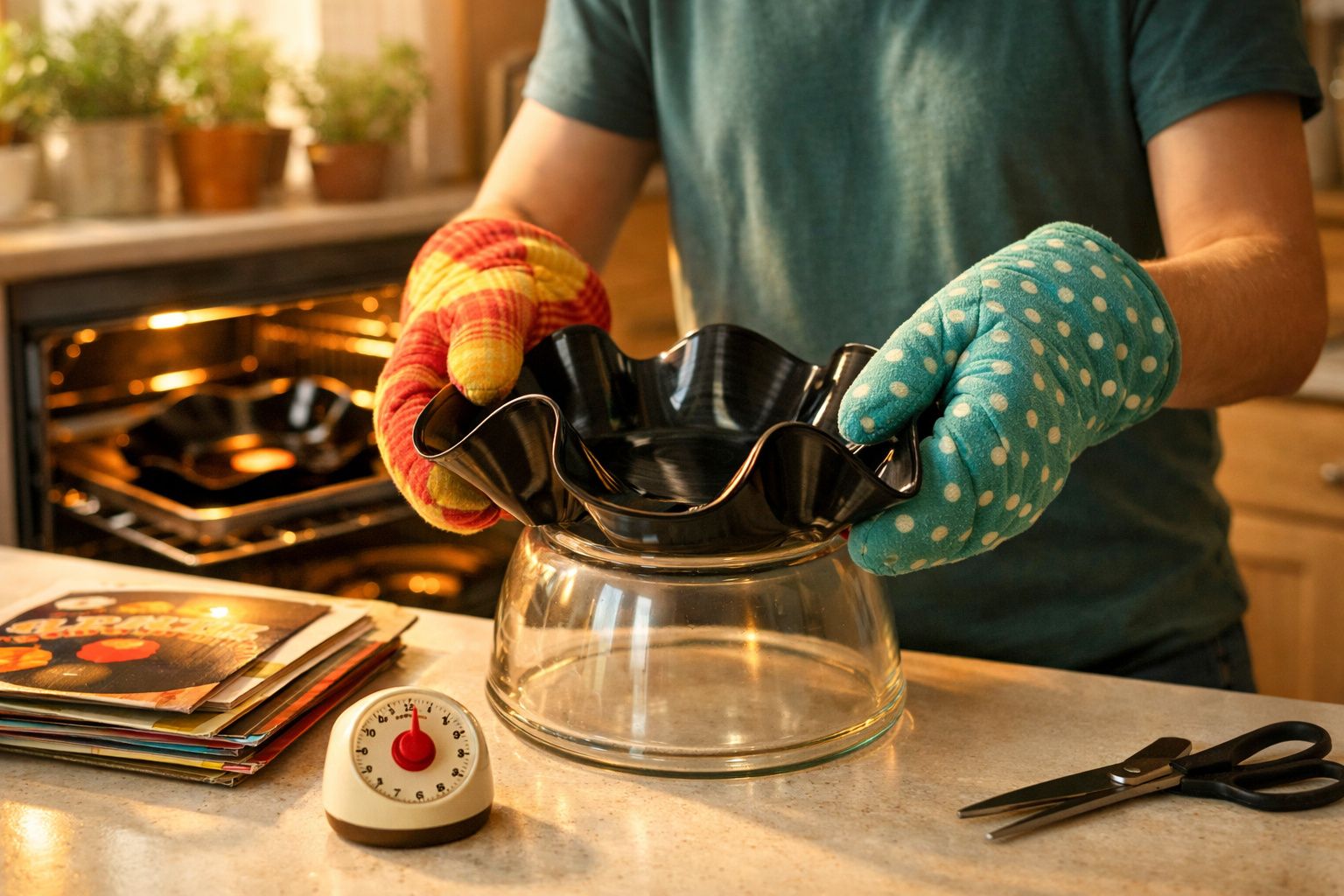 Pessoa com luvas térmicas a retirar forma de silicone preta do forno numa cozinha acolhedora.