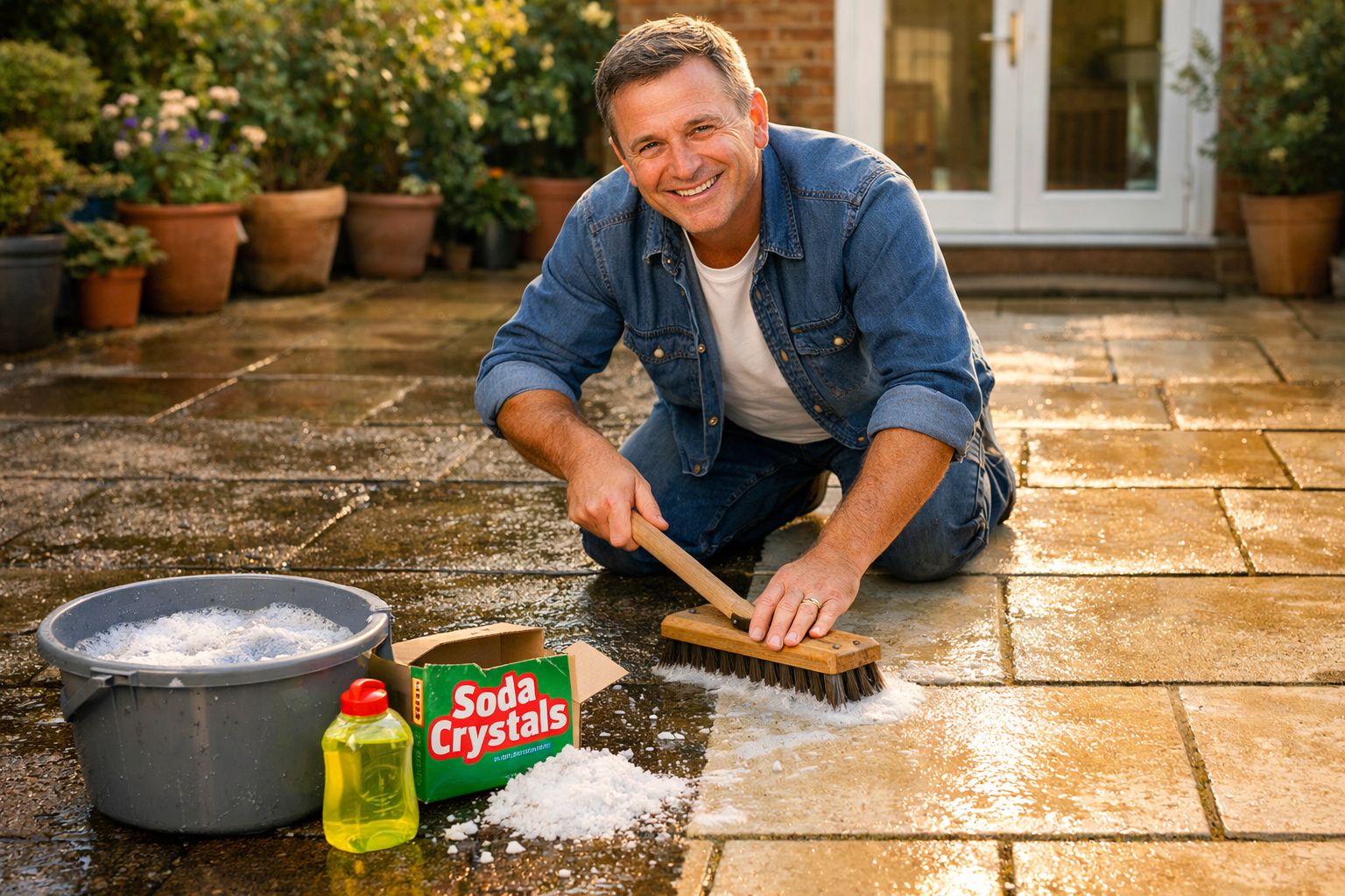Homem a limpar o chão do pátio com escova e cristais de soda num dia soalheiro.
