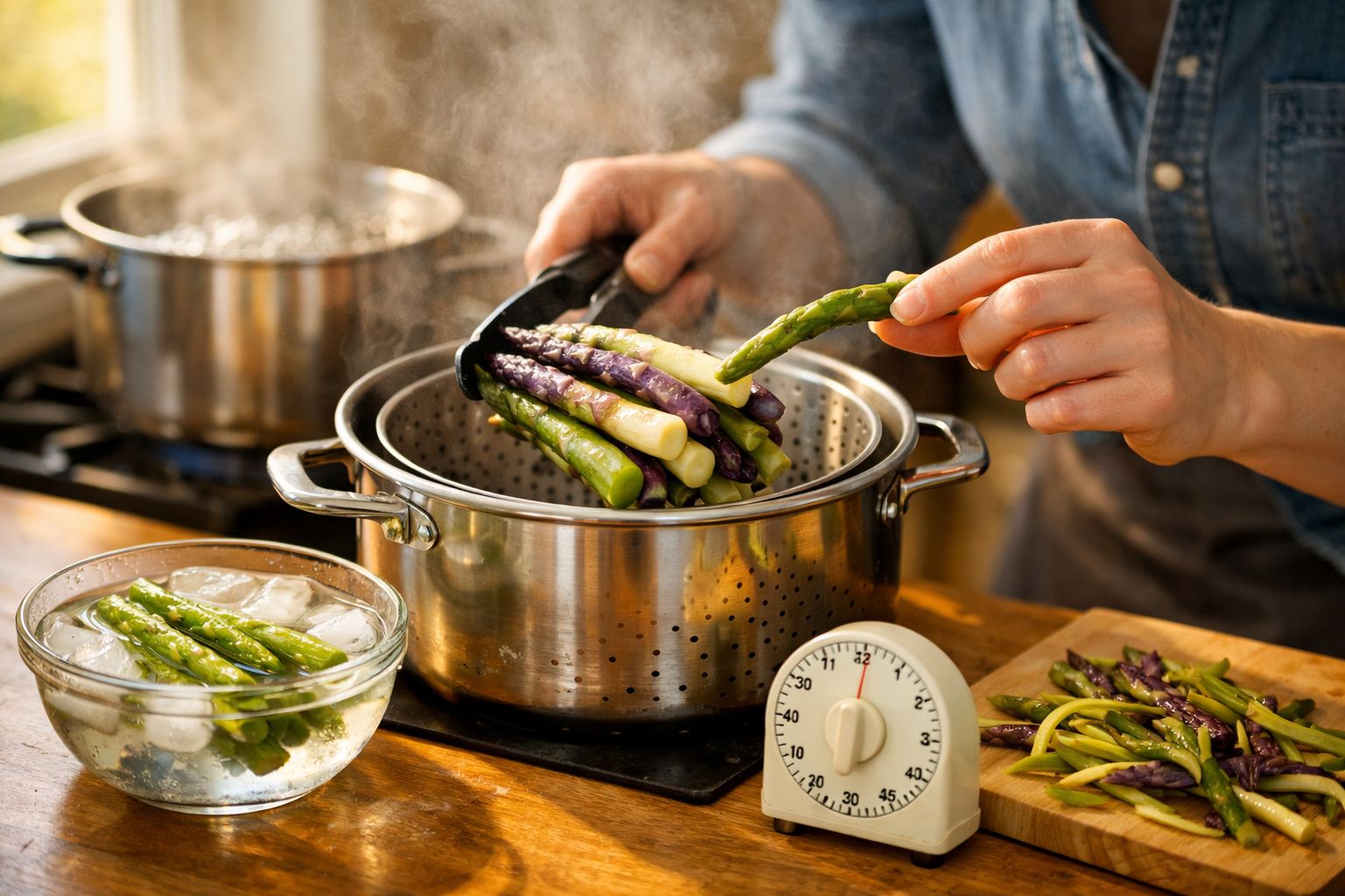 Pessoa a cozer espargos verdes, brancos e roxos numa panela a vapor na cozinha.