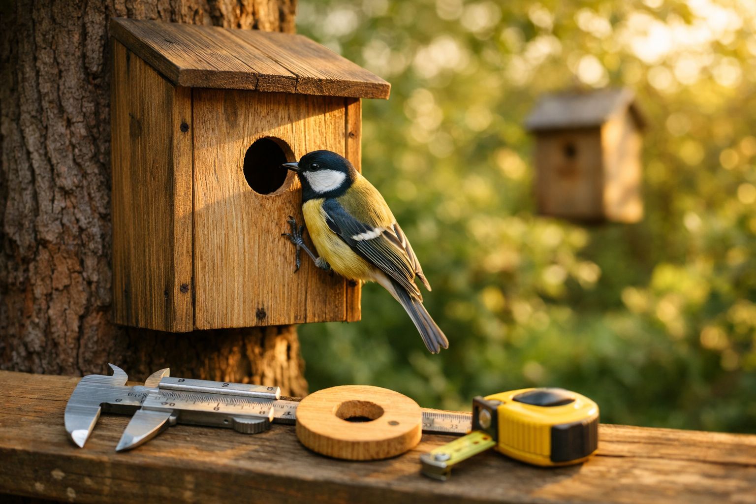 Pássaro com bico no orifício de uma casa de madeira presa a uma árvore, com ferramentas sobre bancada.