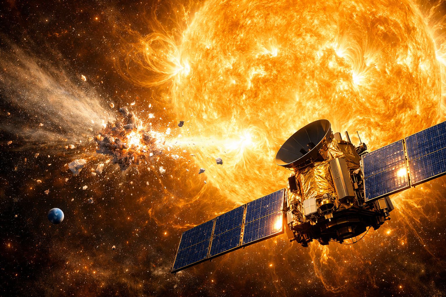 Satélite com painéis solares perto do sol e fragmentos espaciais a serem destruídos pela radiação solar intensa.