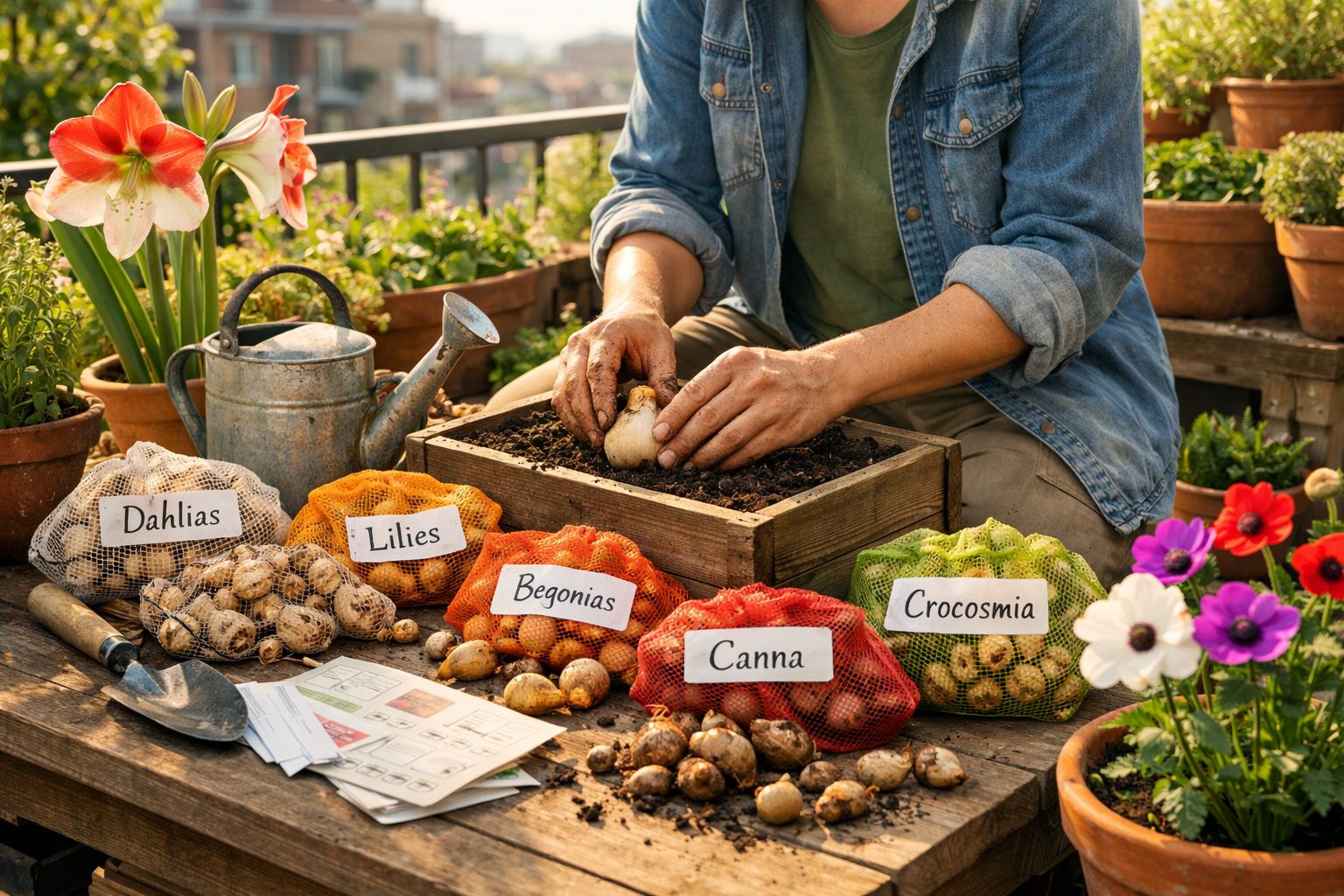 Pessoa a plantar bolbos de flores em tabuleiro, à volta sacos etiquetados com nomes de flores e regador.