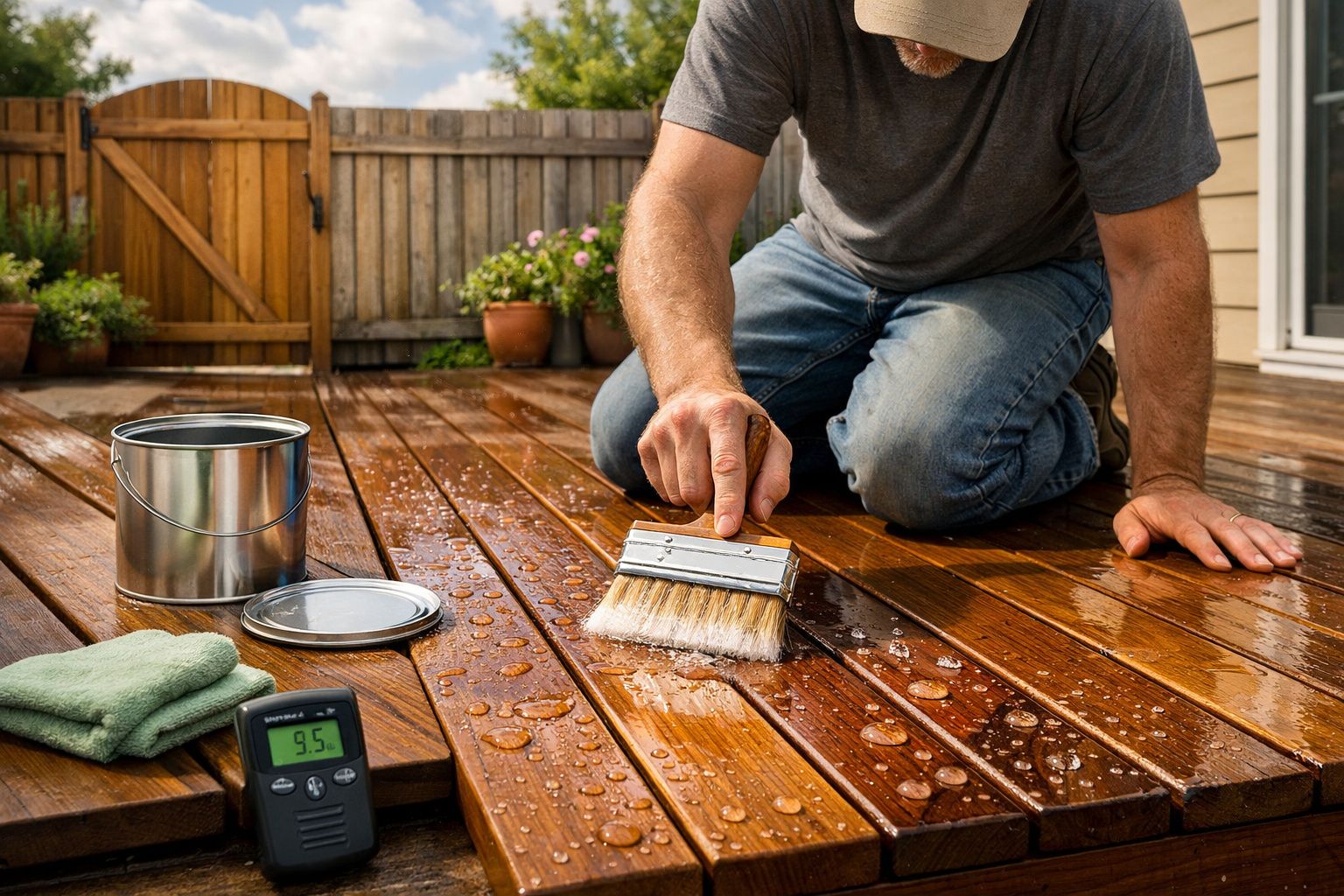 Pessoa a aplicar verniz numa superfície de madeira exterior com pincel num terraço molhado.