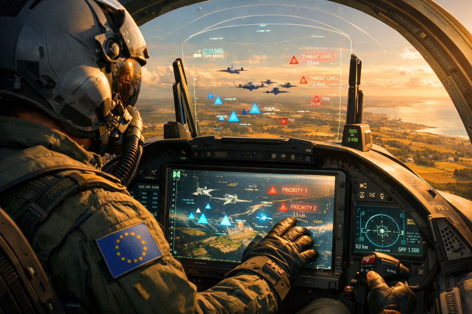 Soldado numa cabina de piloto de avião de combate com ecrãs digitais e dados táticos visíveis.