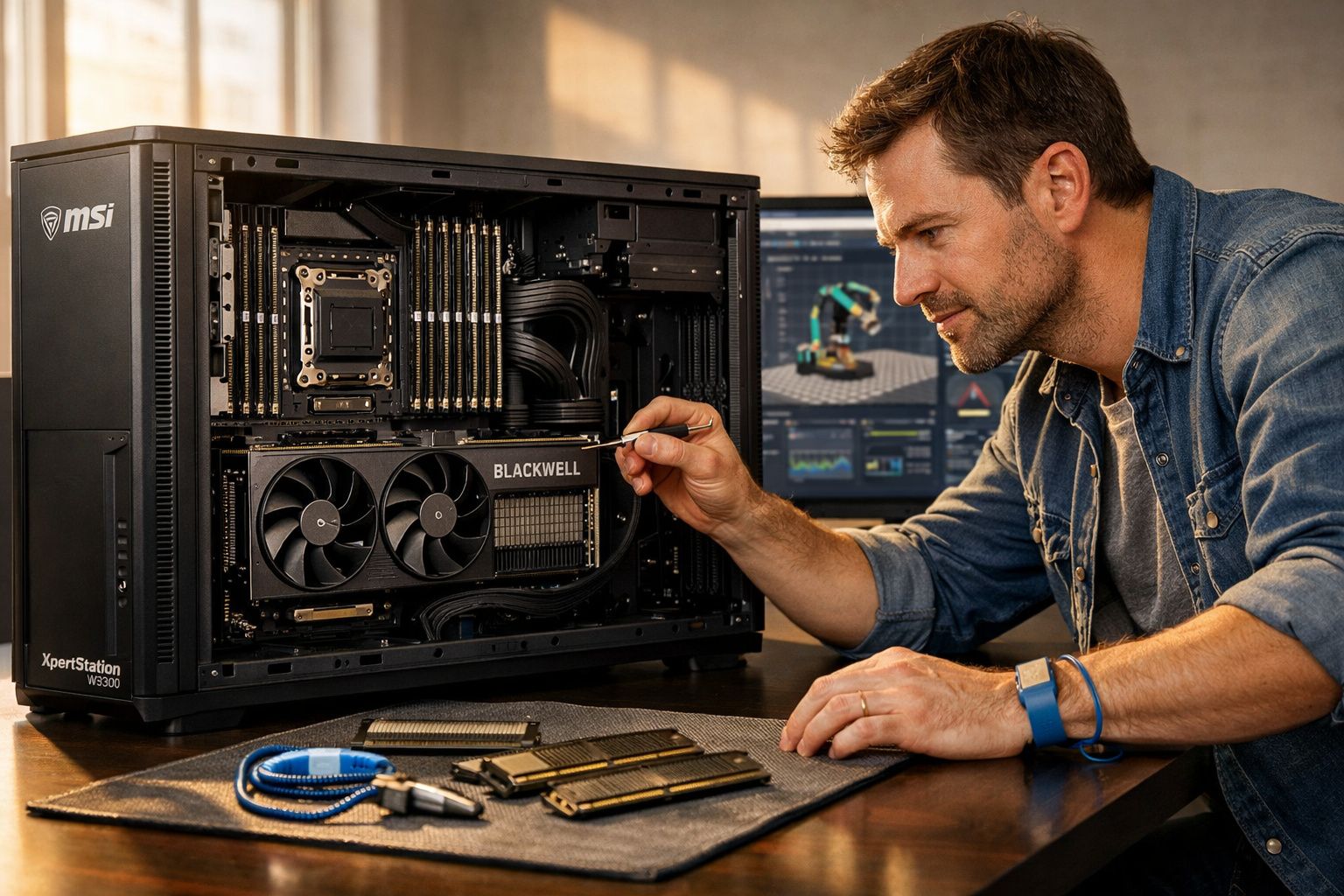 Homem a montar ou reparar um computador de secretária com componentes tecnológicos visíveis e monitor ligado.