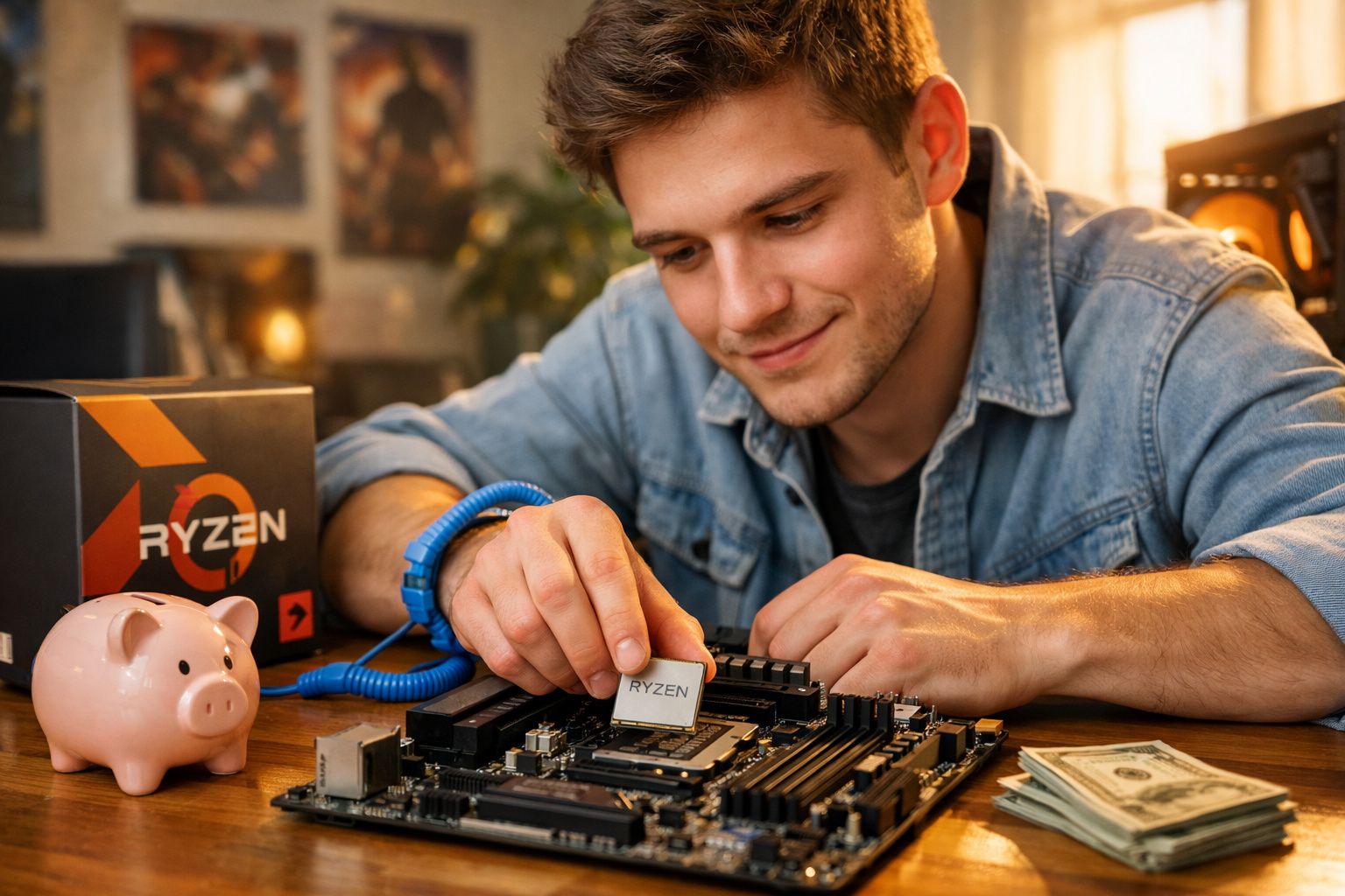 Jovem a instalar um processador Ryzen numa motherboard sobre uma mesa com notas e mealheiro ao lado.