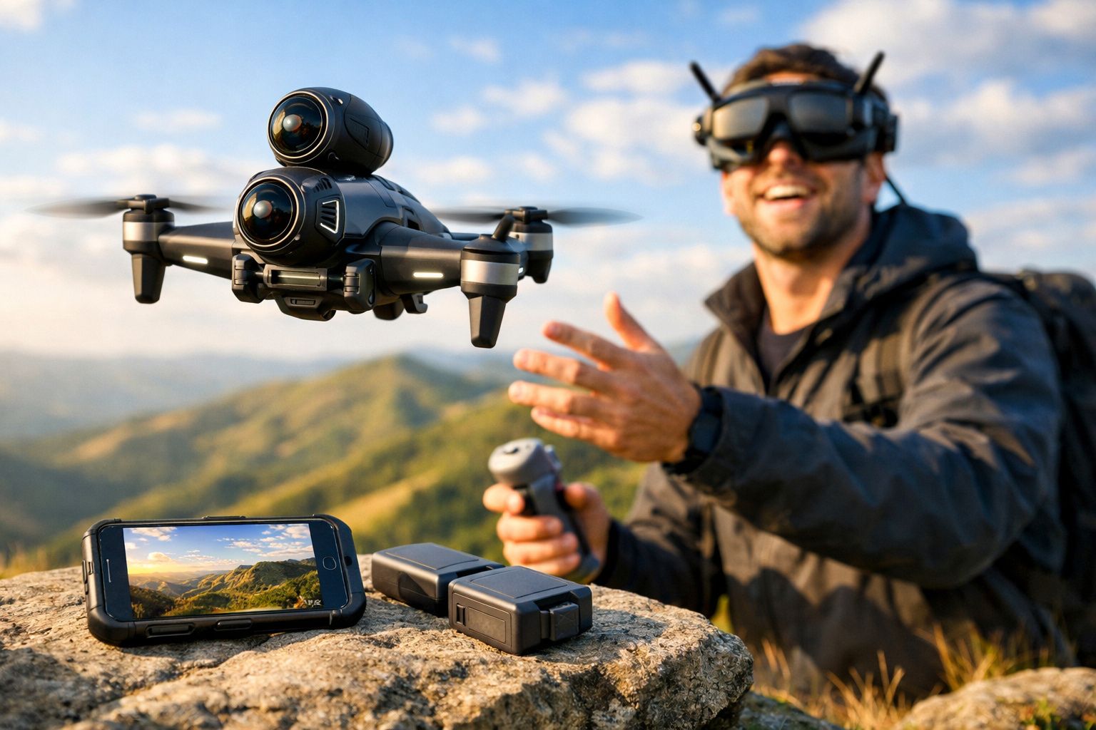 Homem com óculos de realidade virtual controla drone a voar numa paisagem montanhosa ao pôr do sol.