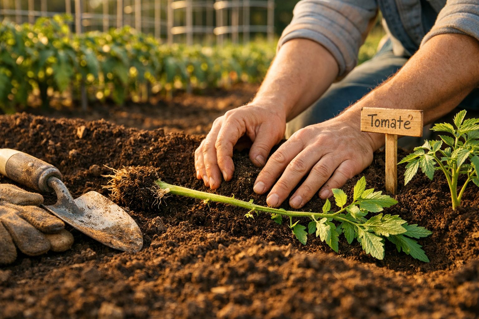Pessoa a plantar muda de tomate num jardim com terra fofa, luvas e uma pequena pá ao lado.