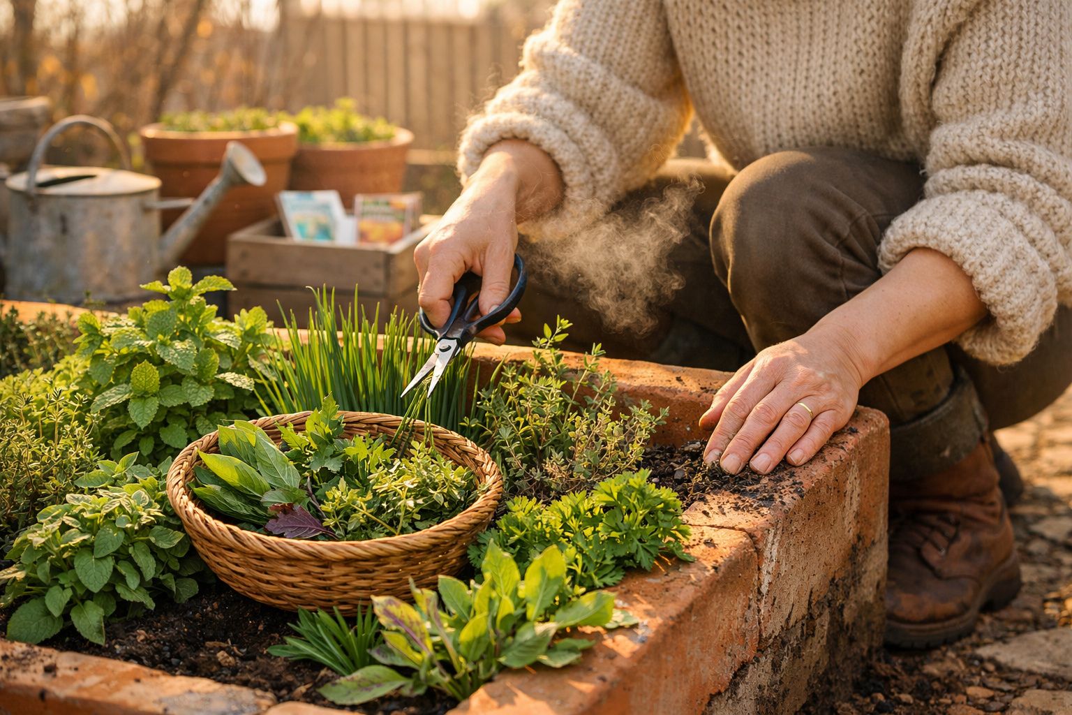 Pessoa a colher ervas aromáticas frescas com tesoura num canteiro elevado de madeira ao ar livre.