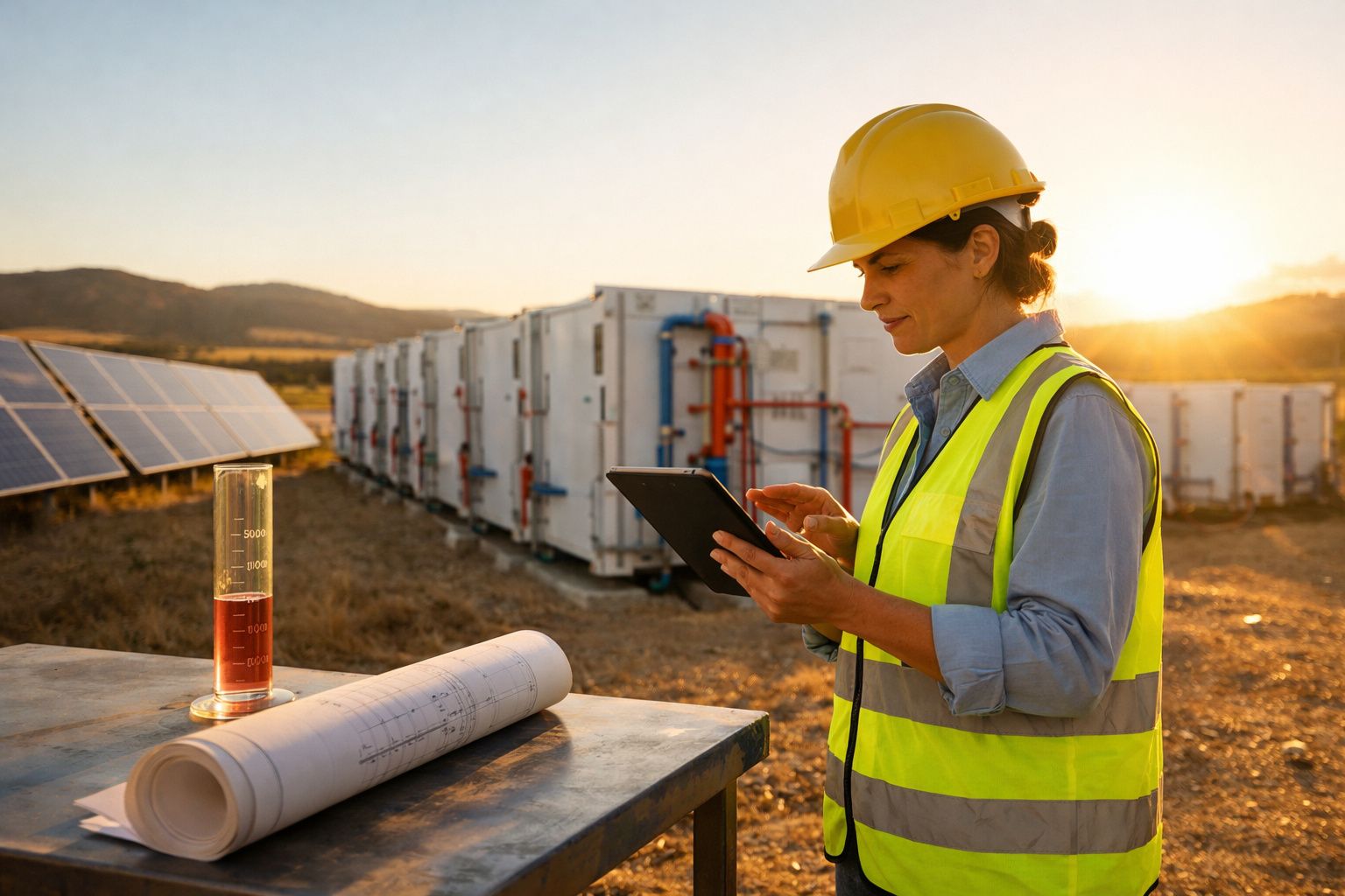 Engenheira com colete e capacete a usar tablet numa central de energia solar ao pôr do sol.