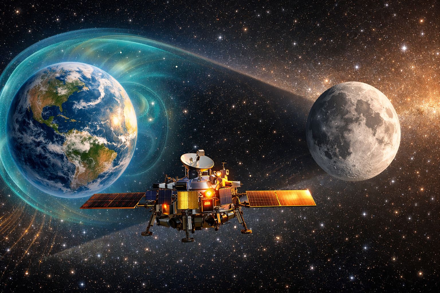 Sonda espacial a orbitar entre a Terra e a Lua no espaço com fundo estrelado.
