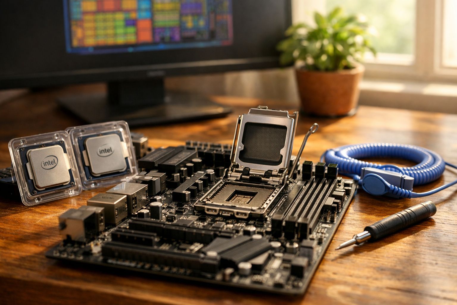 Placa-mãe, processadores Intel e ferramentas sobre mesa de madeira junto a janela com planta.