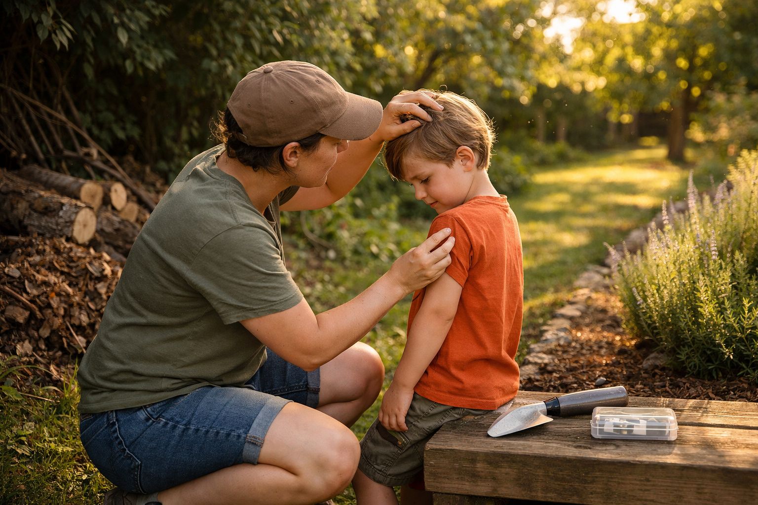 Adulto com boné consola menino com olhar triste num jardim iluminado ao fim da tarde.