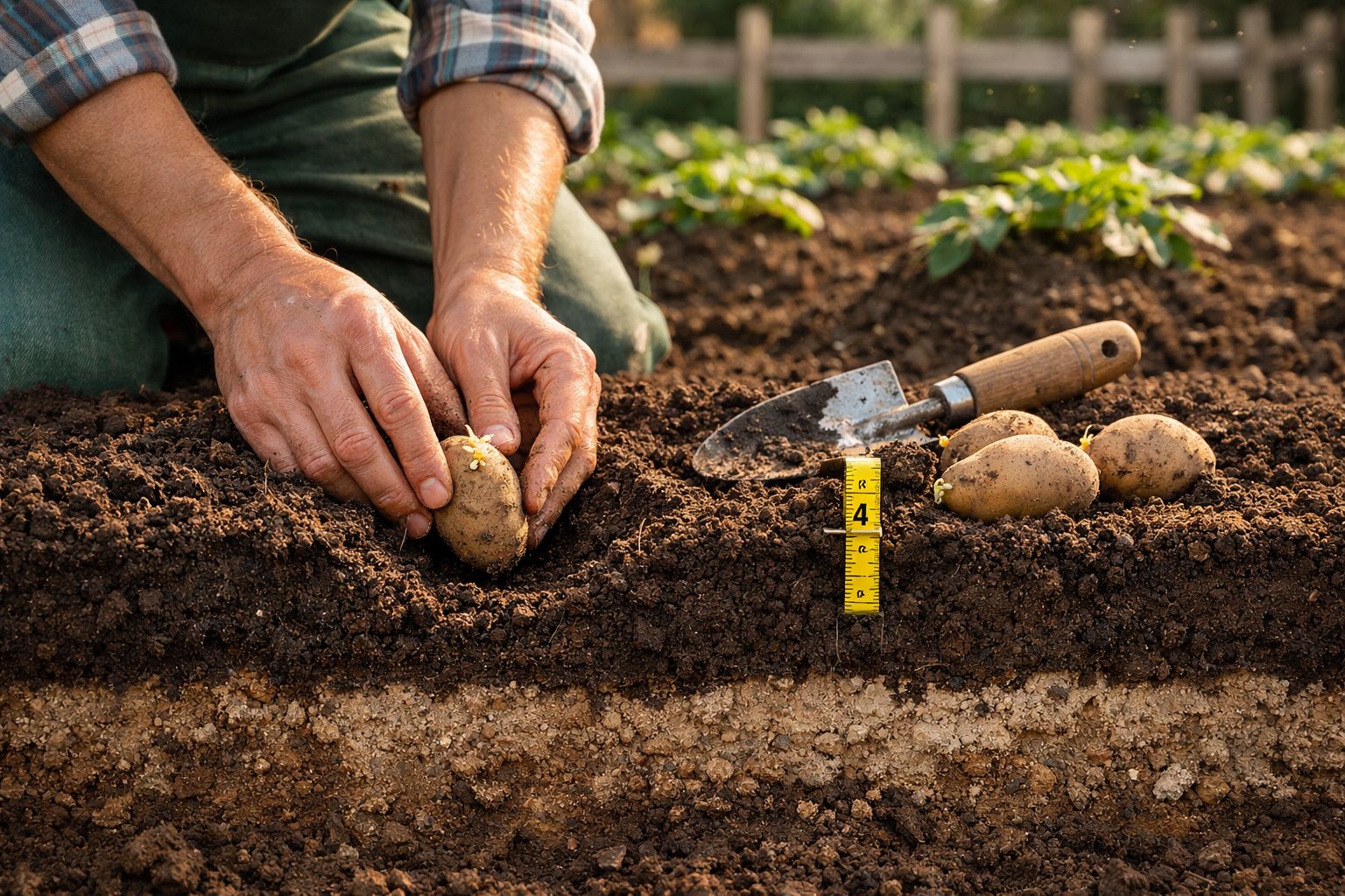 Mãos a plantar batatas num solo fértil com três batatas e uma pequena pá ao lado.