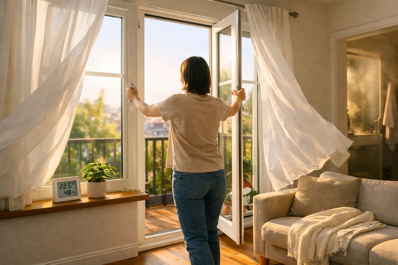 Mulher abre portas de vidro para varanda, com cortinas esvoaçantes e luz natural na sala.