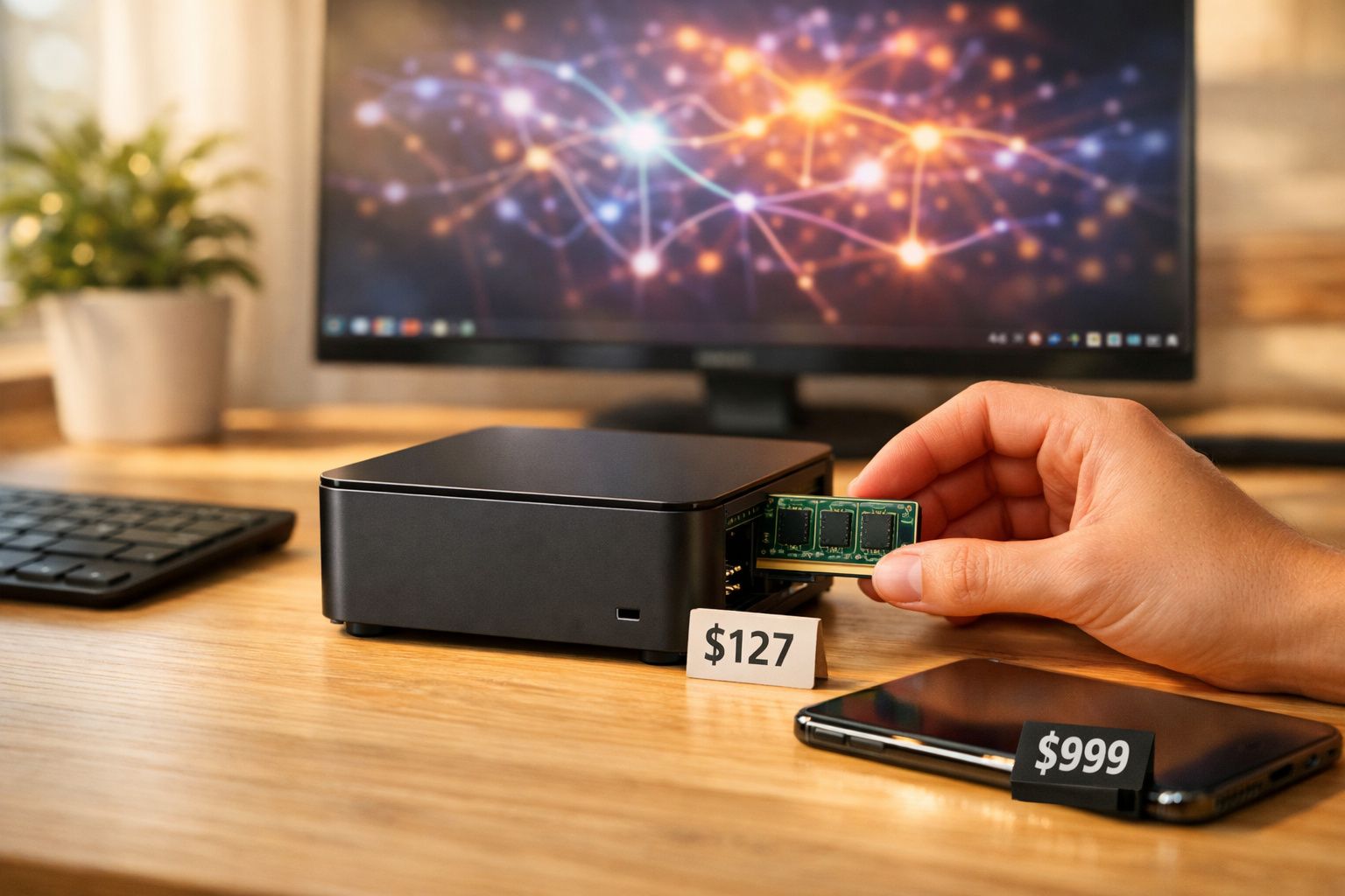 Pessoa a inserir memória RAM numa miniatura de computador com etiquetas de preços numa mesa em escritório doméstico.