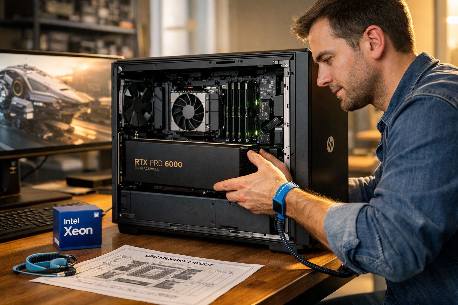 Homem instala uma placa gráfica RTX PRO 6000 num computador de secretária numa mesa com esquemas e componentes.
