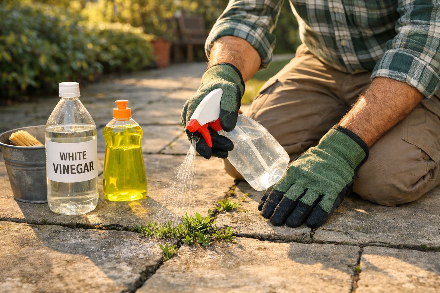 Pessoa a usar luvas a pulverizar vinagre branco para eliminar ervas daninhas entre as pedras do chão.