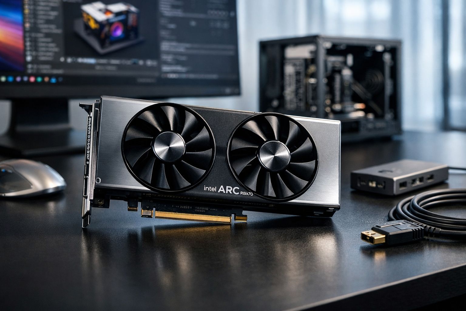 Placa gráfica Intel Arc A770 com duas ventoinhas sobre mesa preta, ao lado de cabo HDMI e rato.