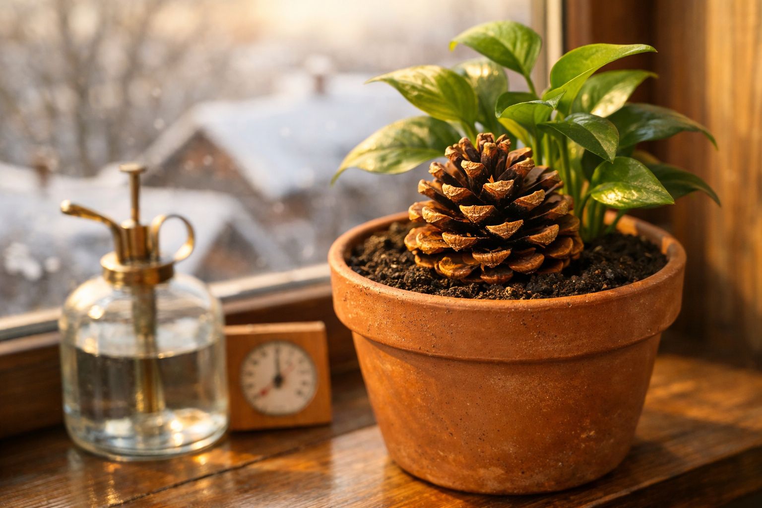 Vaso de barro com planta e pinha, regador de vidro e mini relógio numa janela ensolarada.