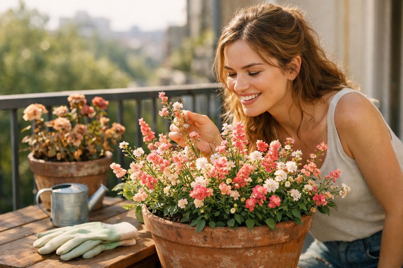 Mulher sorridente a cuidar de flores cor-de-rosa e brancas num vaso de barro num terraço ensolarado.
