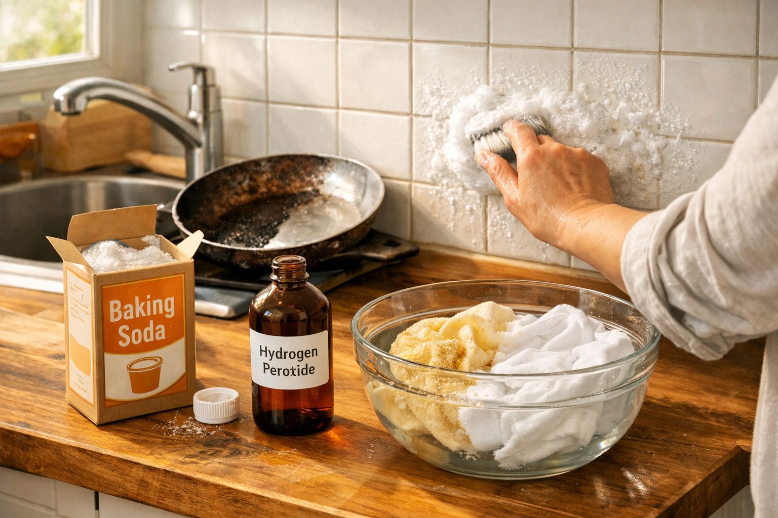 Pessoa a limpar azulejos com escova, bicarbonato de sódio e peróxido de hidrogénio, tábua de madeira e frigideira взрослая де