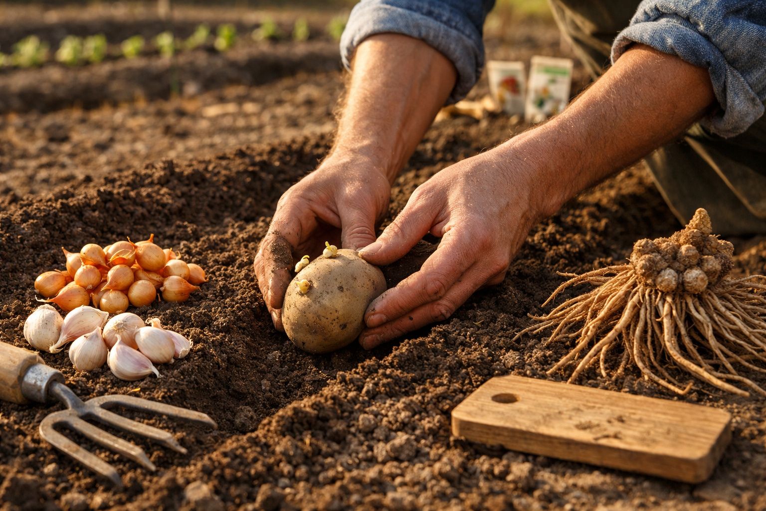 Mãos a plantar batata germinada na terra, com alho, cebolas e ferramentas de jardinagem ao lado.
