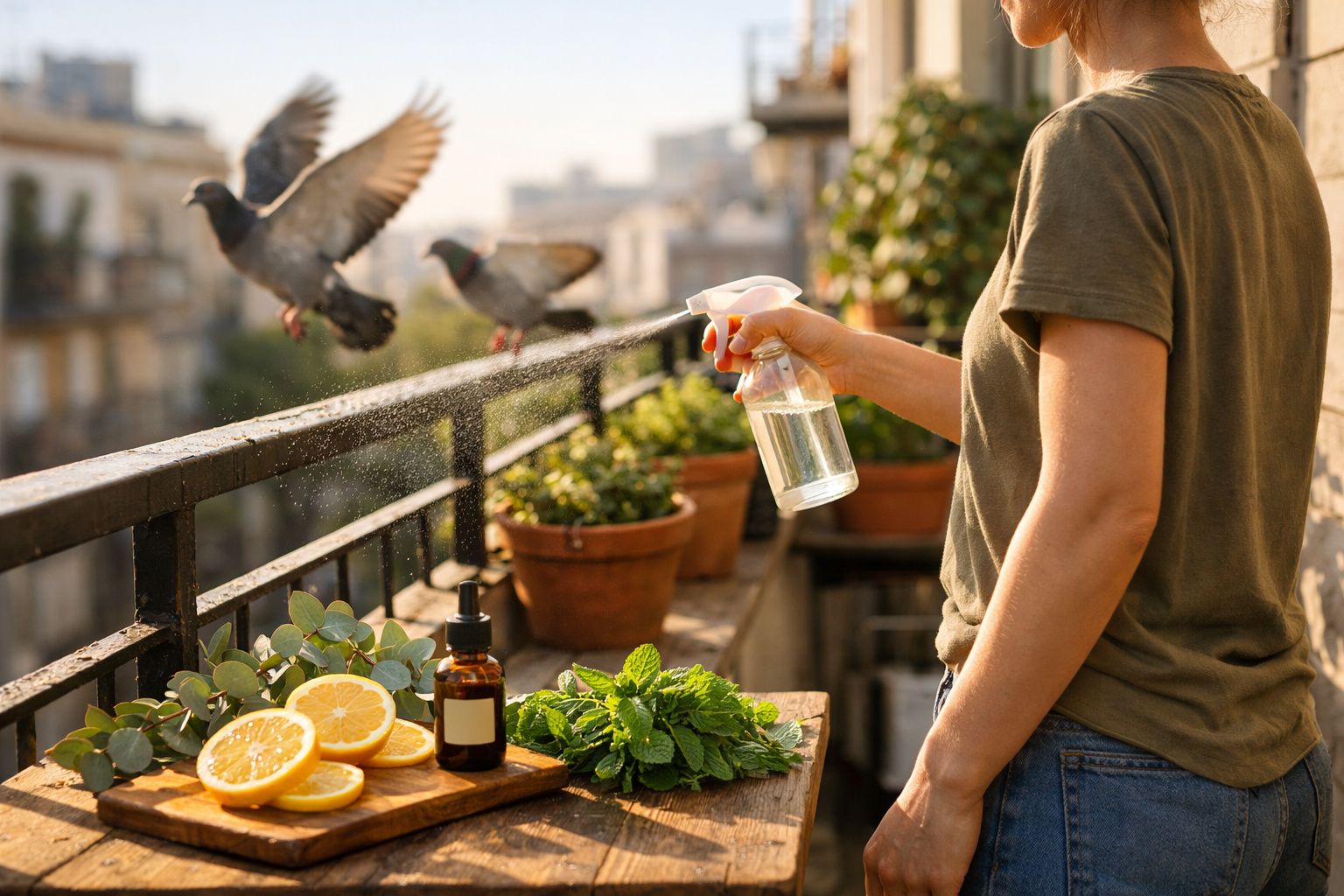 Pessoa a afastar pombos com pulverizador num terraço com plantas e limões cortados.