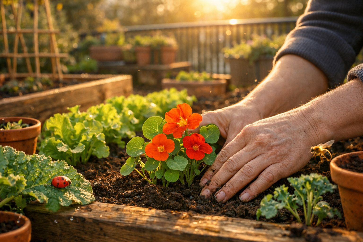 Mãos a plantar flores laranjas num canteiro com abelhas e joaninhas ao redor ao pôr do sol.