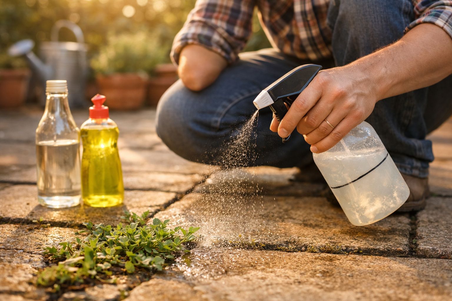 Pessoa a pulverizar solução caseira numa erva daninha numa calçada com garrafas de vinagre e detergente ao lado.