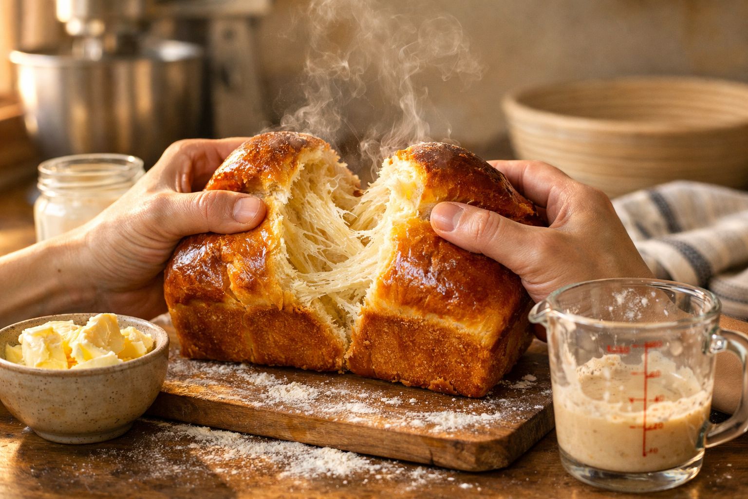 Pão brioche quente a ser partido ao meio com vapor, manteiga e fermento numa mesa de madeira.