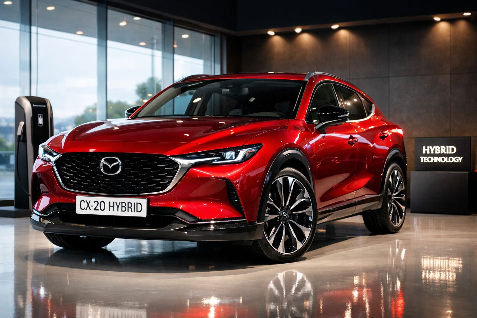 Carro Mazda CX-20 Hybrid vermelho em exposição numa sala moderna, ladeado por posto de carregamento e sinalização.