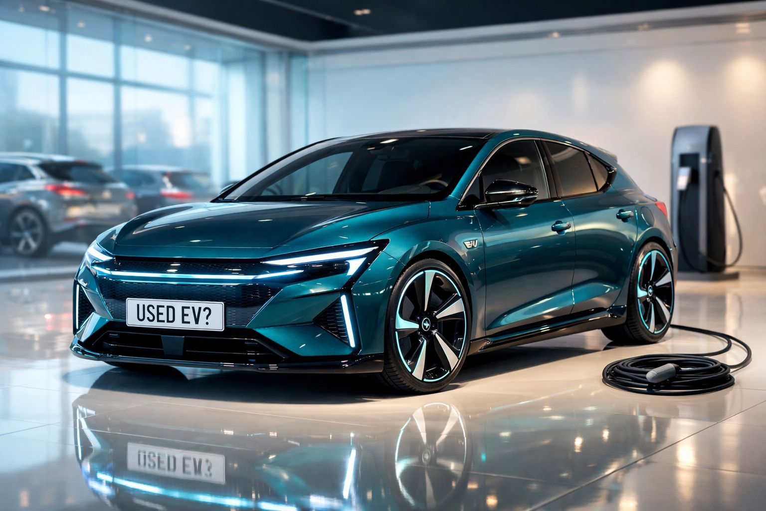 Carro elétrico azul escuro em carregamento numa loja com placa "USED EV?" num ambiente moderno e iluminado.