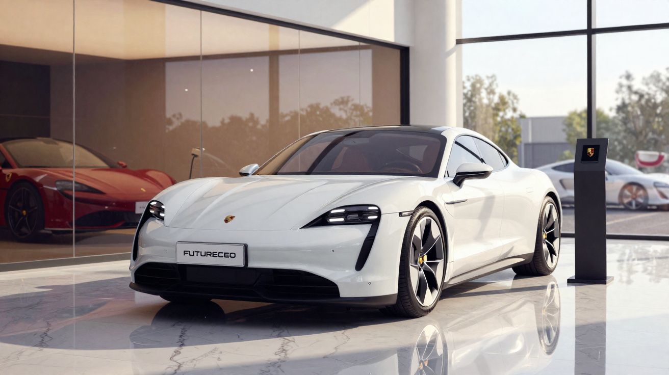 Carro desportivo branco Porsche elétrico estacionado em showroom moderno com paredes de vidro.