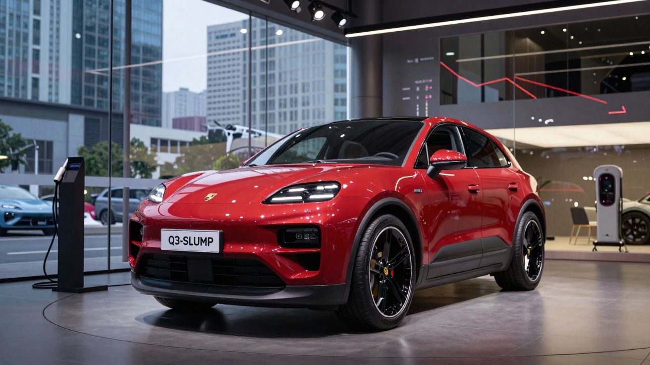 Carro elétrico Porsche vermelho exposto em showroom urbano moderno com prédios ao fundo.