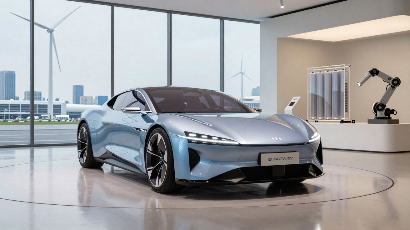 Carro elétrico moderno azul num showroom com grandes janelas e turbinas eólicas ao fundo.