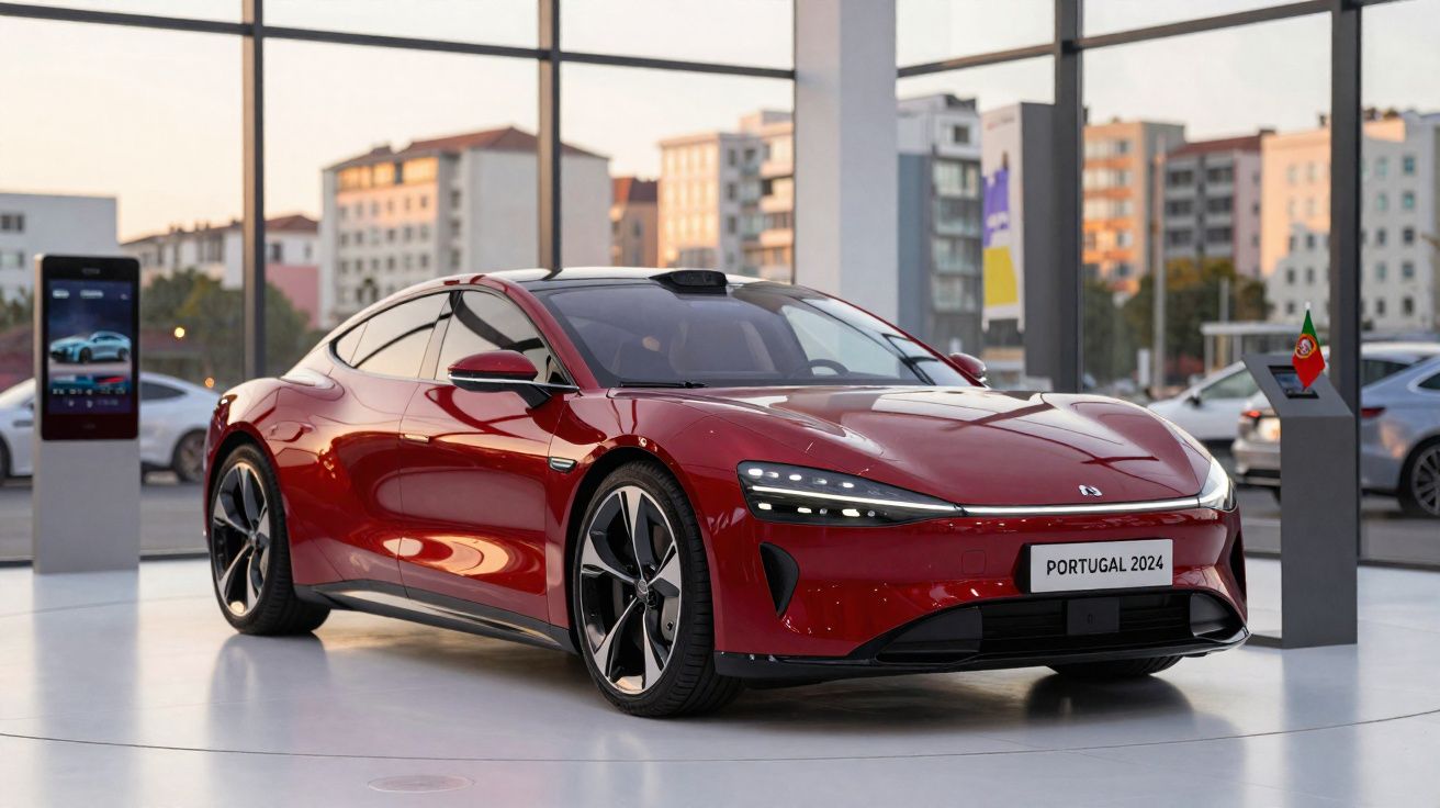 Carro elétrico desportivo vermelho exposto num showroom com janelas amplas e vista urbana ao fundo.