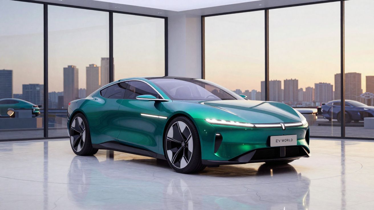 Carro elétrico desportivo verde num showroom com janelas grandes e vista para a cidade ao entardecer.