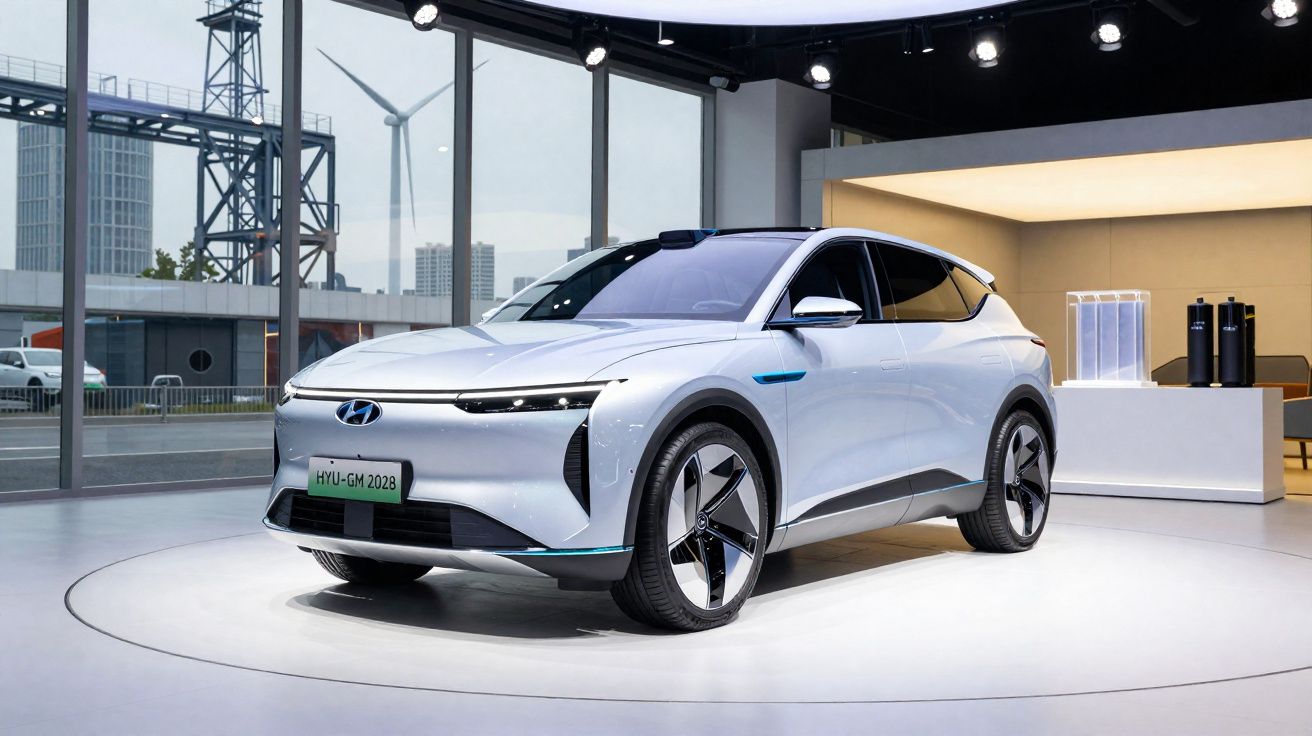 Carro elétrico Hyundai prata exposto em showroom moderno com janelas amplas e vista urbana ao fundo.