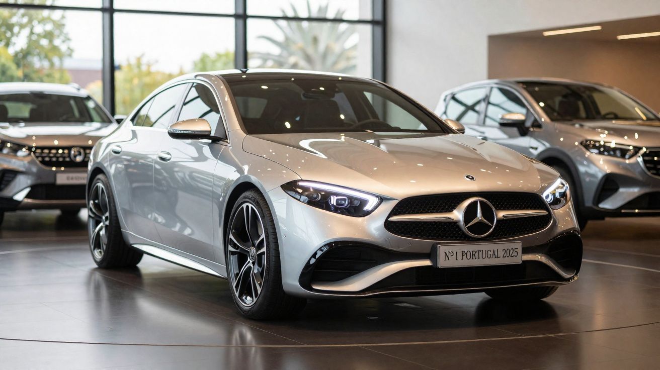 Carro Mercedes-Benz prateado estacionado em showroom com faróis ligados e duas viaturas ao fundo.