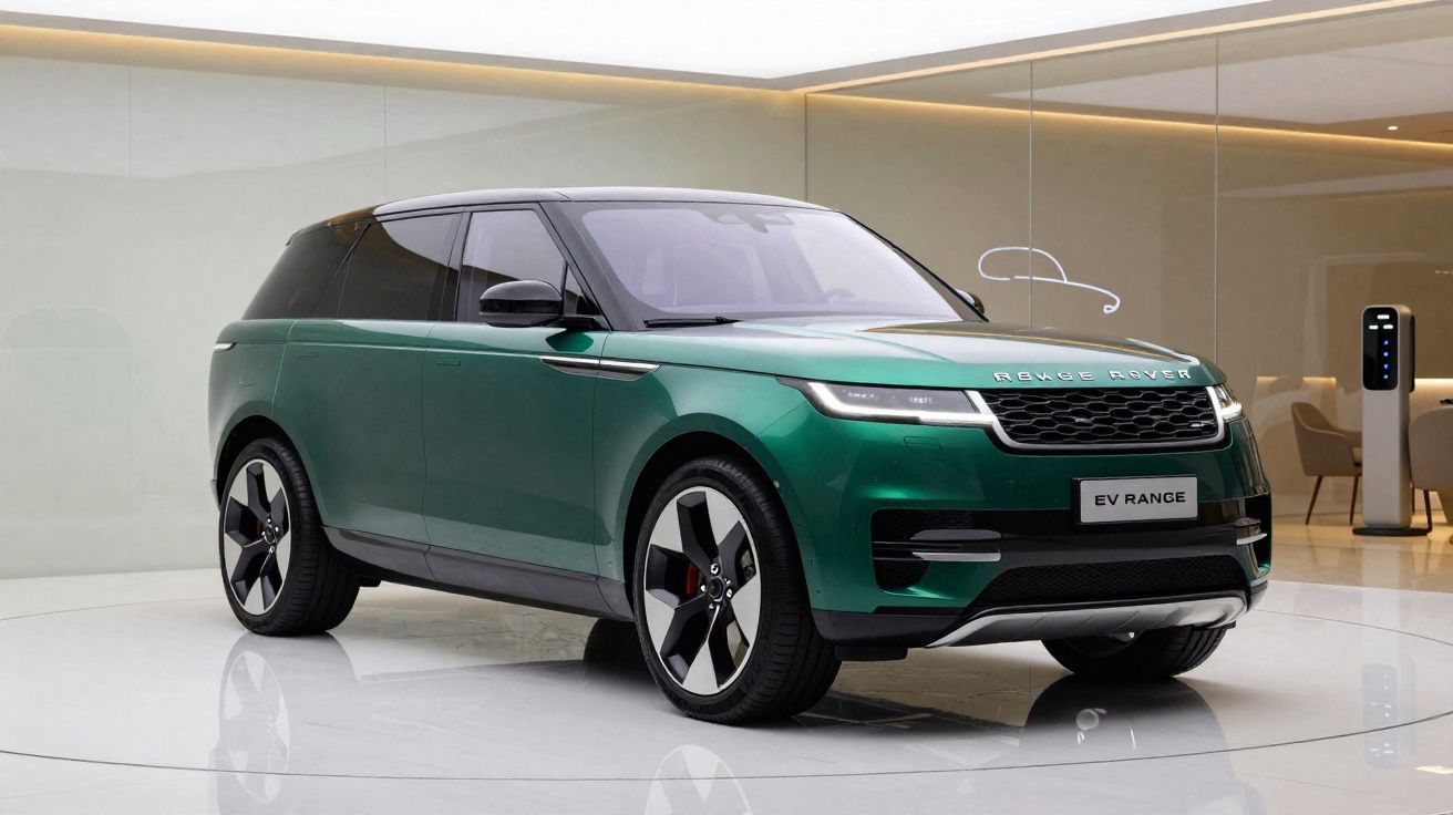 Carro SUV elétrico verde Range Rover EV Range em exposição num espaço moderno e iluminado.