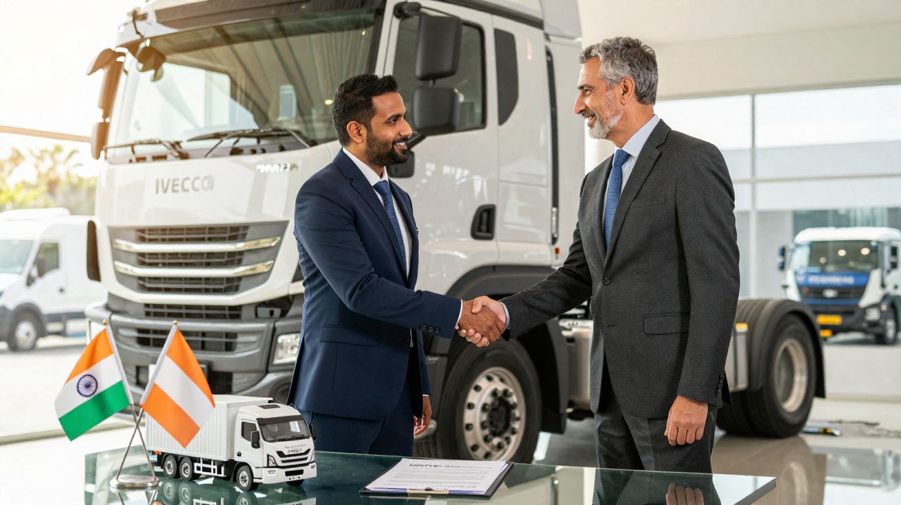 Dois homens de negócios apertam as mãos em frente a um camião branco numa concessionária.