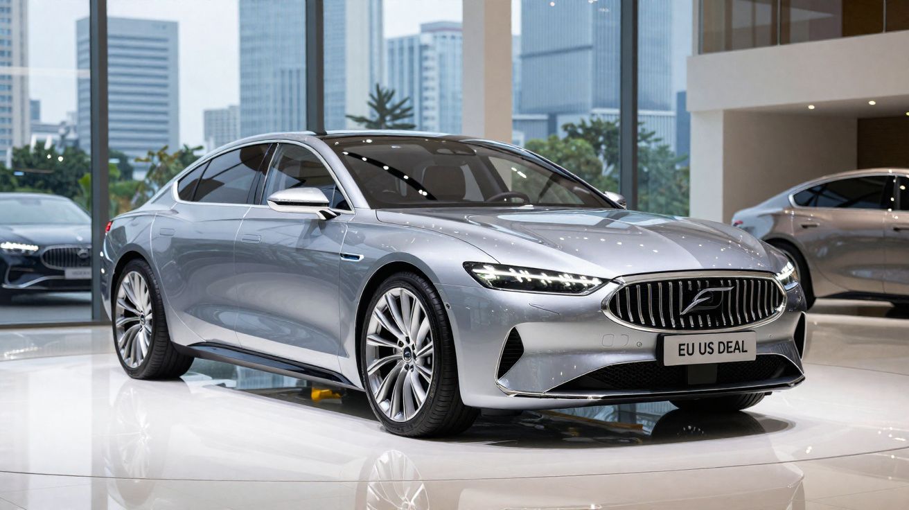 Carro sedan cinza prateado exposto em stand moderno com grandes janelas e edifícios ao fundo.