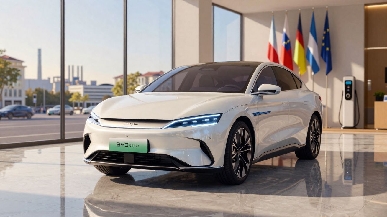 Carro eléctrico branco BYD Han EV estacionado numa sala de exposição moderna com bandeiras ao fundo.