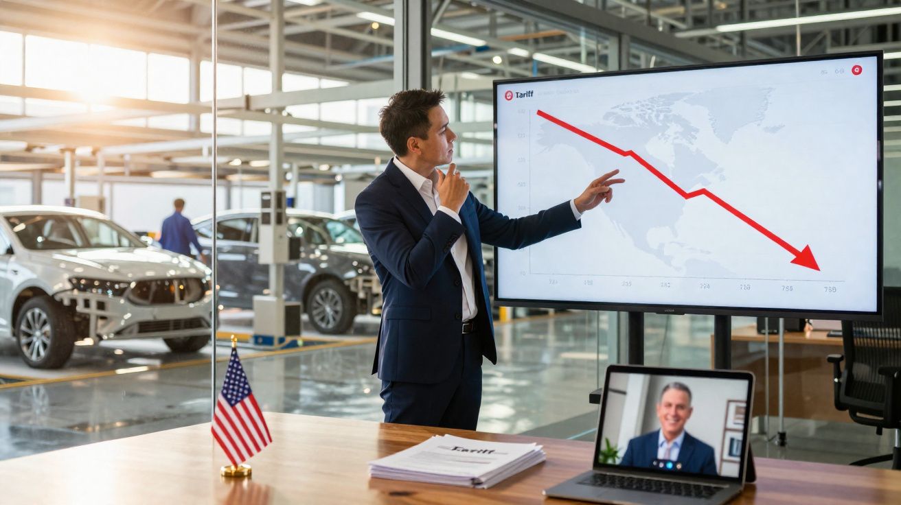 Homem em fato apresenta gráfico descendente numa fábrica de automóveis moderna.